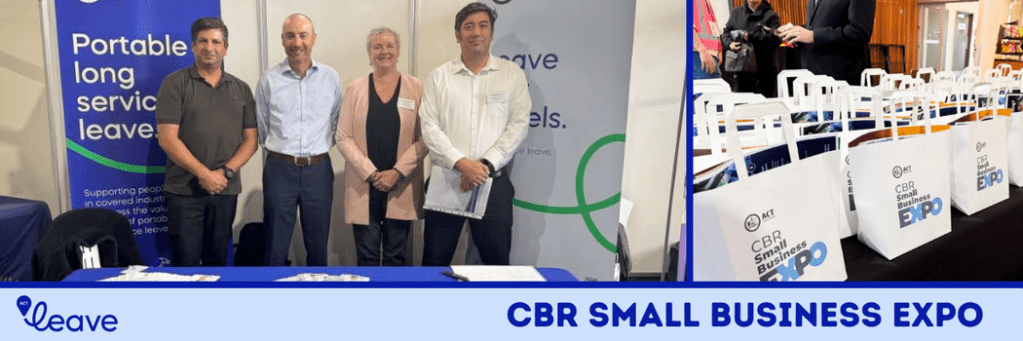 Four ACT Leave staff members, 3 male and one female, smiling and standing in front of ACT Leave banners at the small business expo