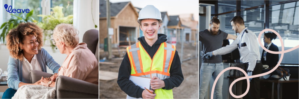 Three images of workers, one is a female carer for an elderly woman, the next image is a young construction male in safety equipment, and the last is a security guard using a detector wand at the airport